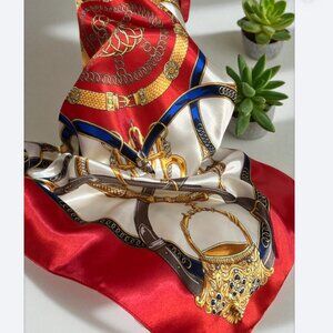 Luxury Scarf with Equestrian Print – Red, Blue & Gold Square Shawl 35x53 inch